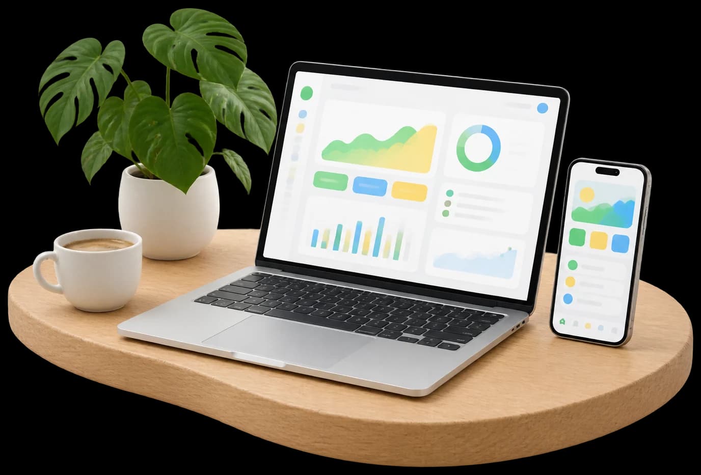 Notebook, celular e planta sobre uma mesa de madeira, com um painel de gestão na tela