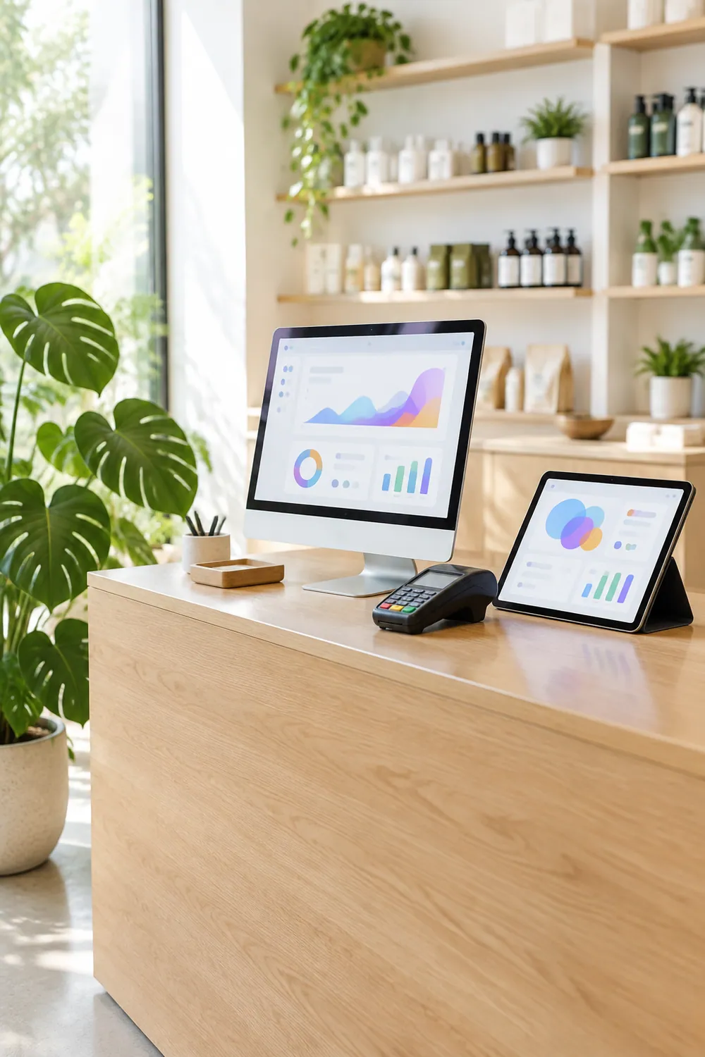 Balcão de uma loja com computador e tablet mostrando painéis de gestão, com plantas ao redor